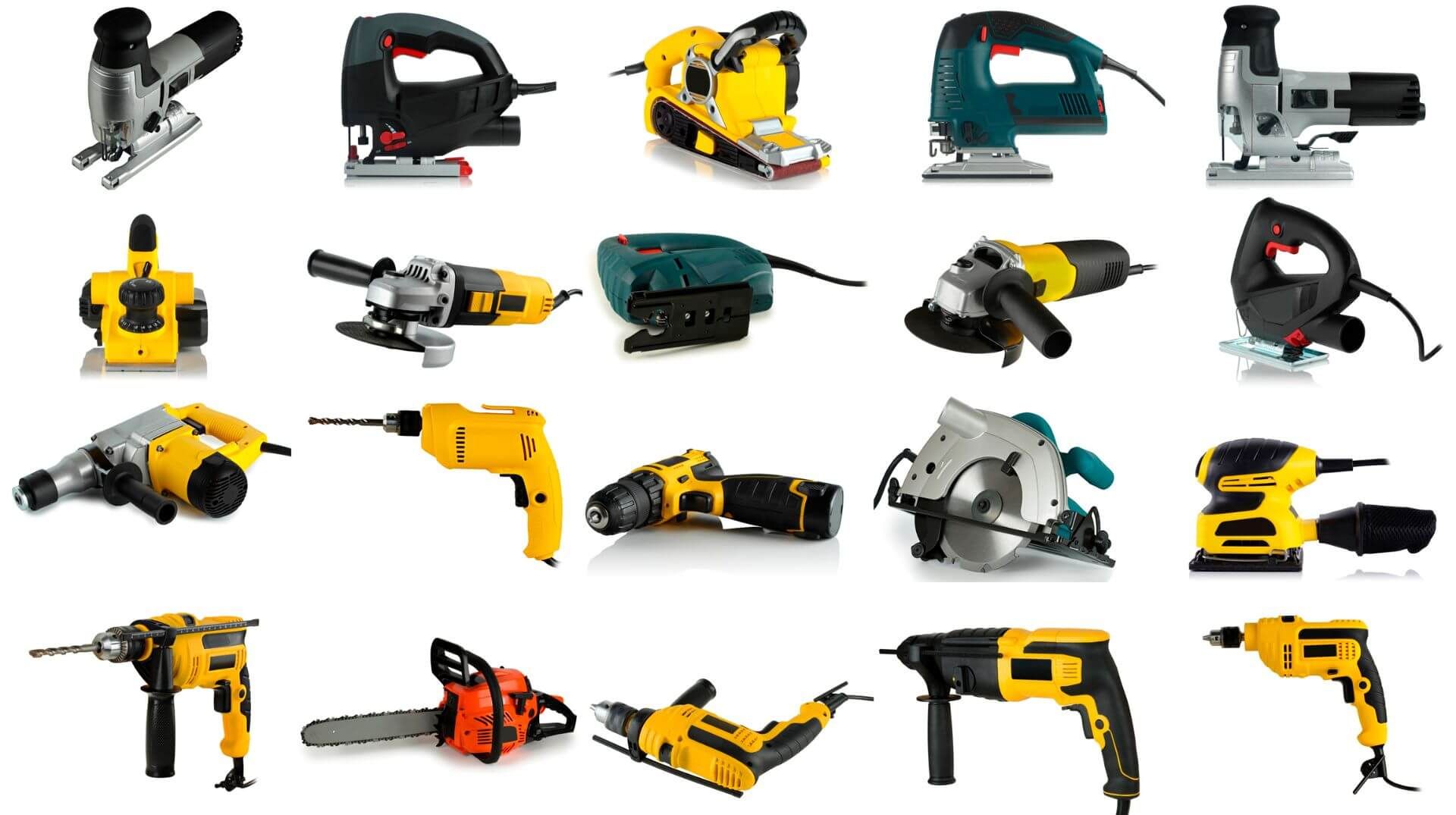Assortimento di utensili elettrici: seghe, trapani, smerigliatrici, levigatrici e una motosega.