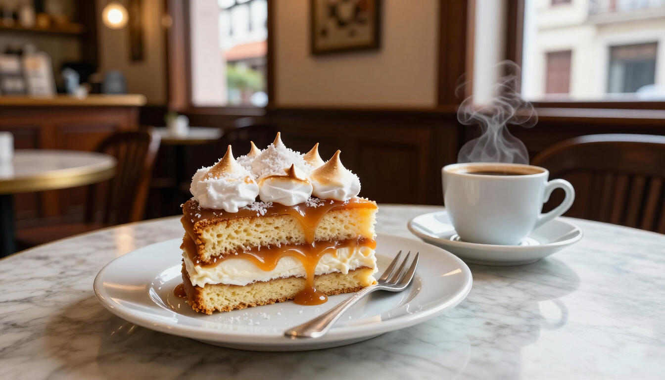 Porción de tarta en capas con nata montada en un plato blanco, junto a una taza de café humeante en una cafetería