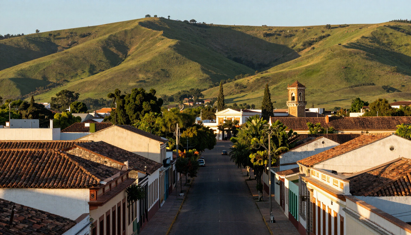 Calle soleada de un pueblo que conduce a colinas verdes bajo un cielo despejado