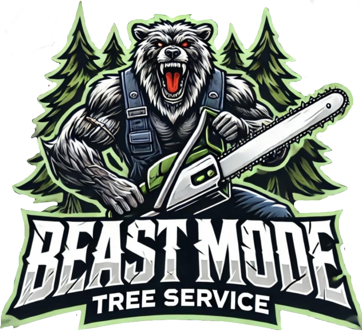 Logo of a roaring black bear with a chainsaw and trees, text reads