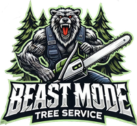 Logo of a roaring black bear with a chainsaw and trees, text reads