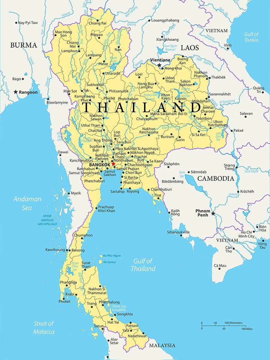 Map of Thailand in yellow with surrounding countries and blue seas on a light background