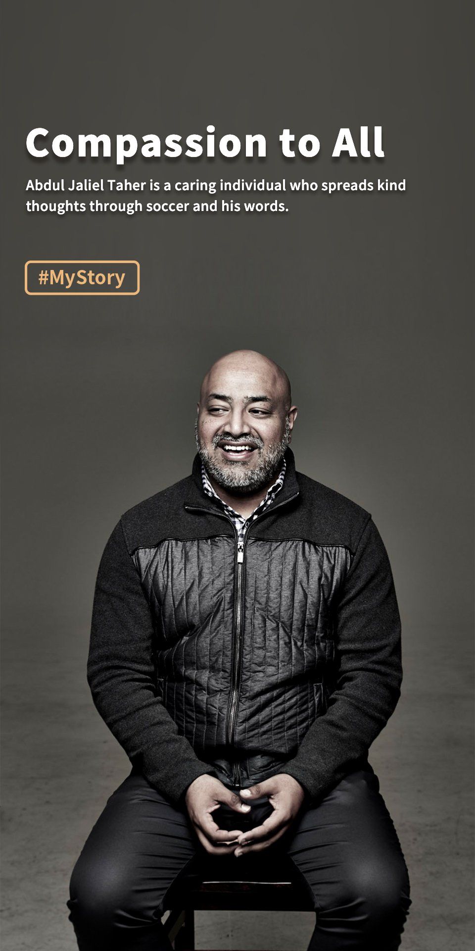 Smiling man seated against gray background with text “Compassion to All” and a “No Story” label