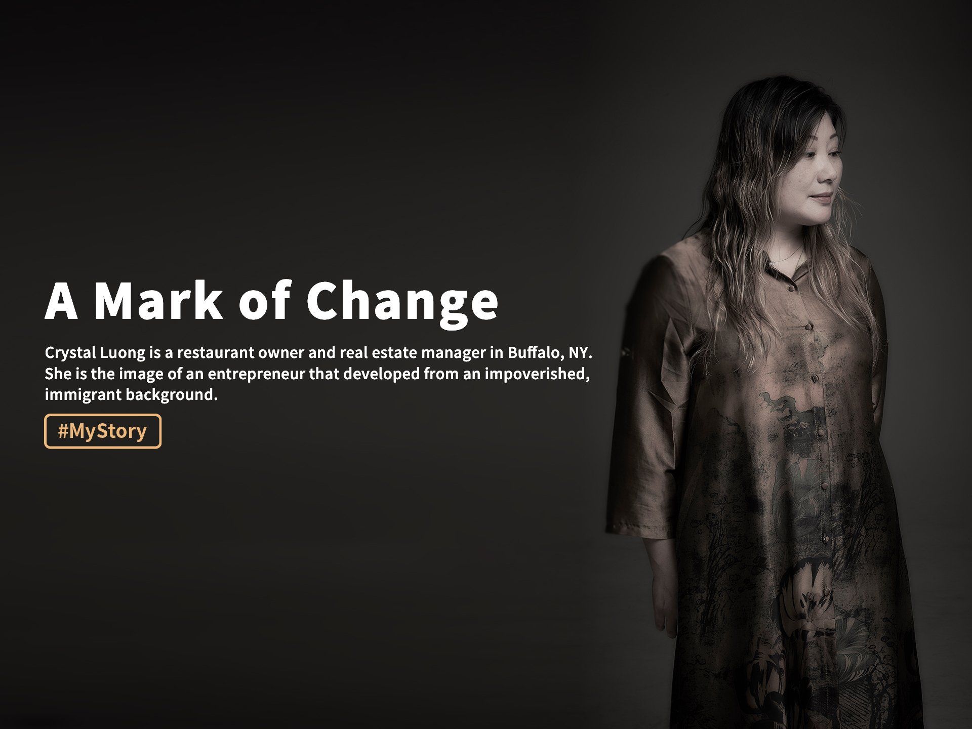 Dark poster with the text “A Mark of Change” beside a standing figure in a tattered dress