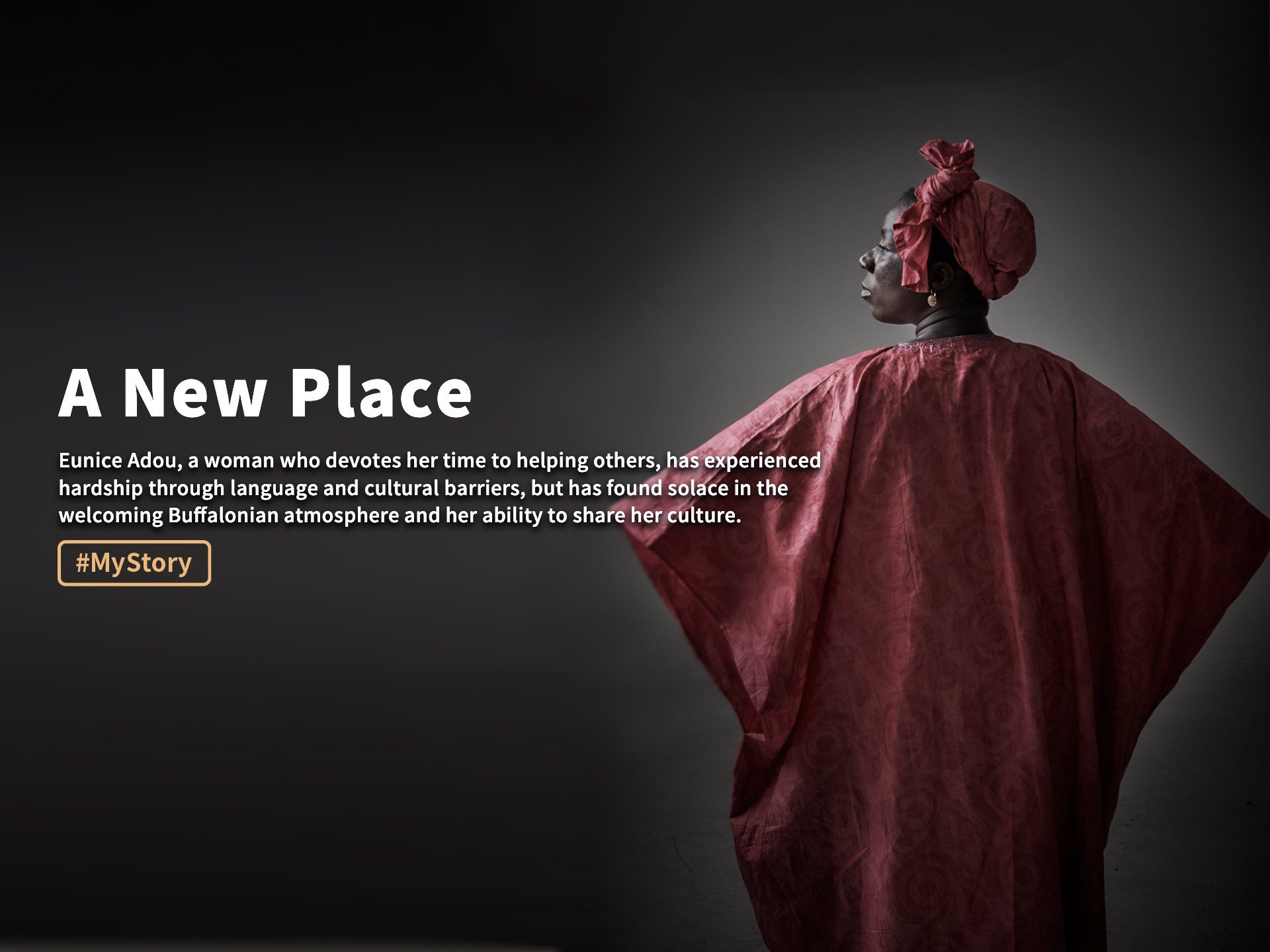 Woman in a burgundy cape stands against a dark background beside the title “A New Place.”