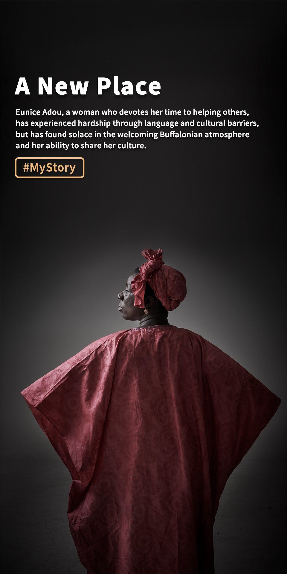 Promotional banner with “A New Place” text and a person in a flowing red outfit against a dark background