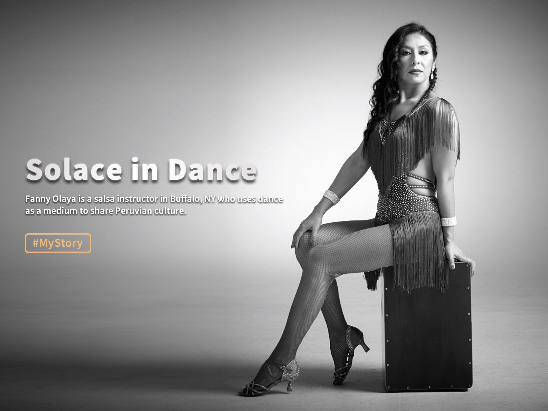 Woman in fringed dress posing on a suitcase with “Solace in Dance” text on a gray background