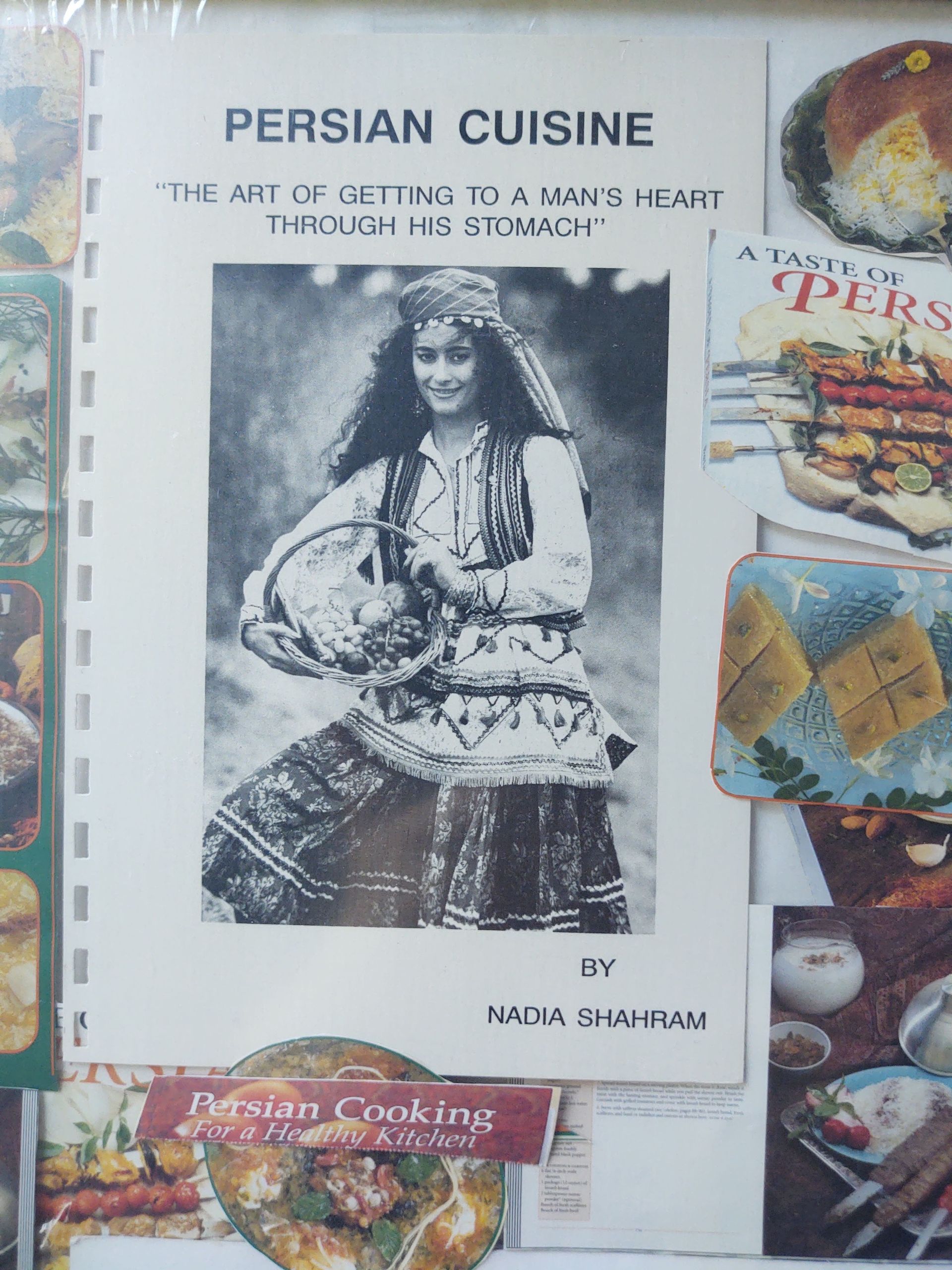 Persian cuisine cookbook cover with black-and-white photo of a seated woman and food images around it