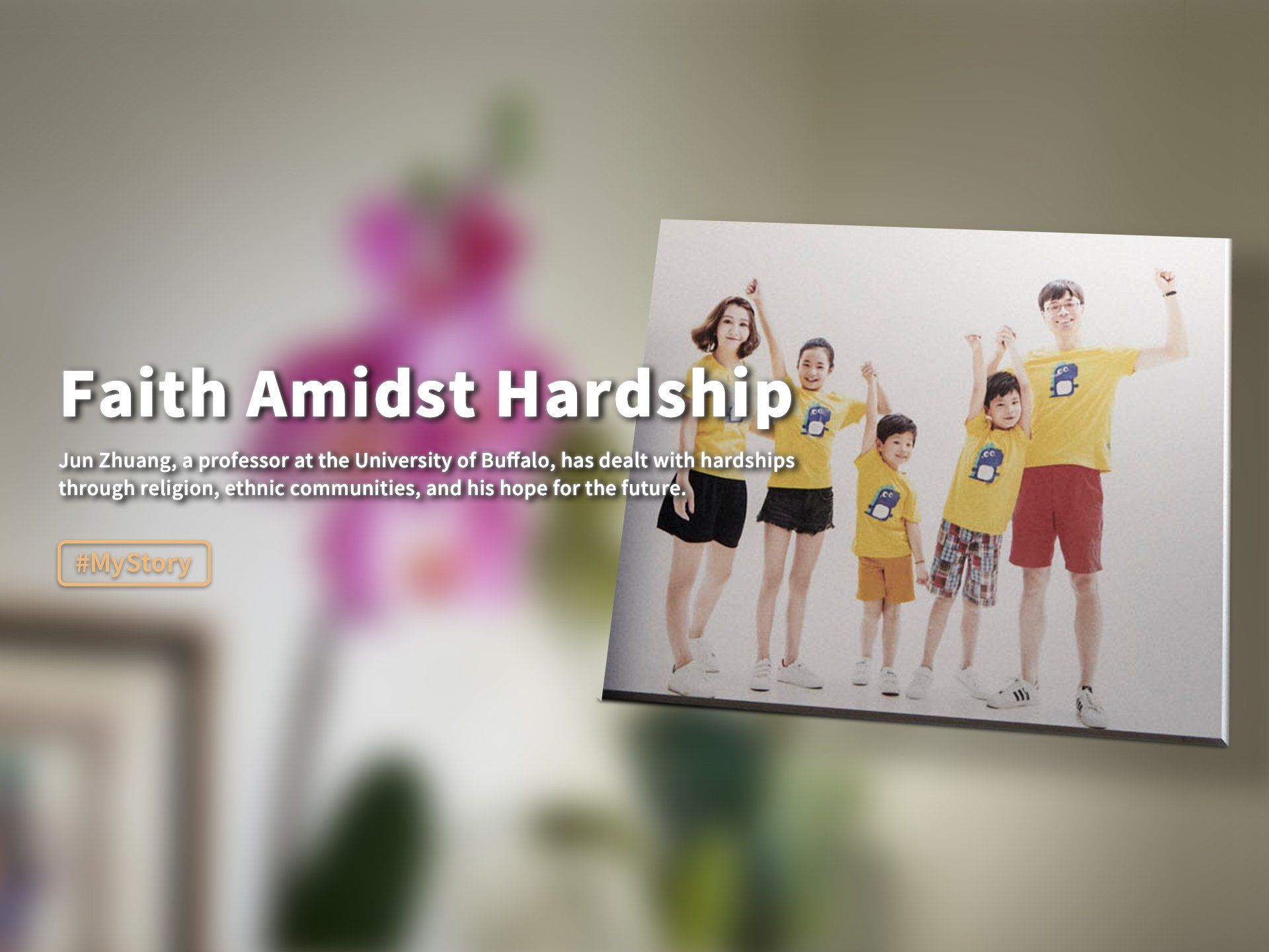 Faith Amidst Hardship text beside a family photo with four children in matching yellow shirts