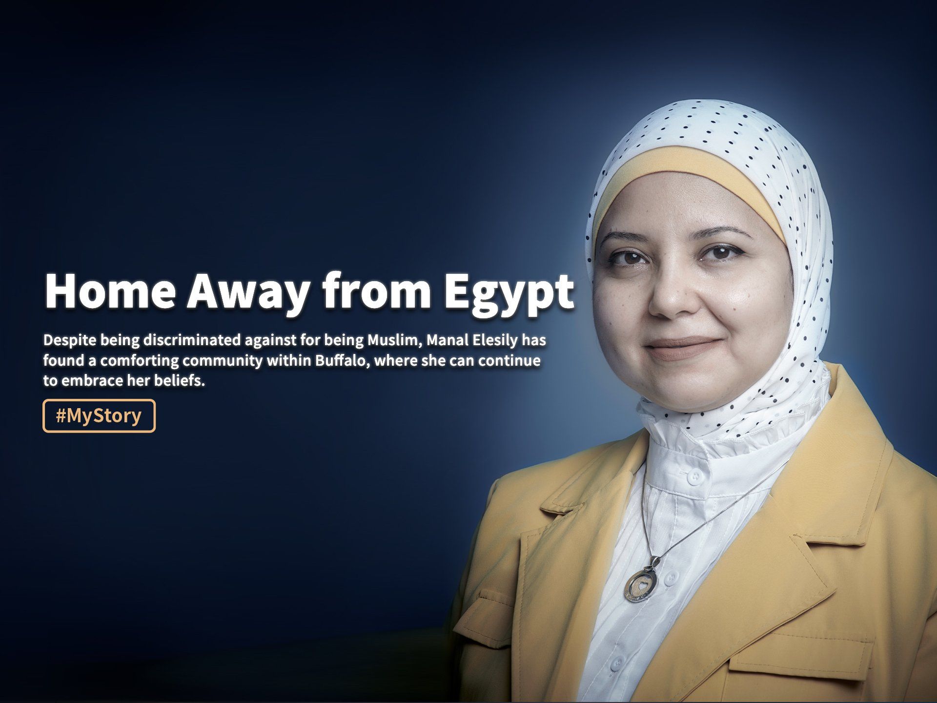 Portrait of a woman in a beige blazer and white hijab beside the text “Home Away from Egypt” on a blue background