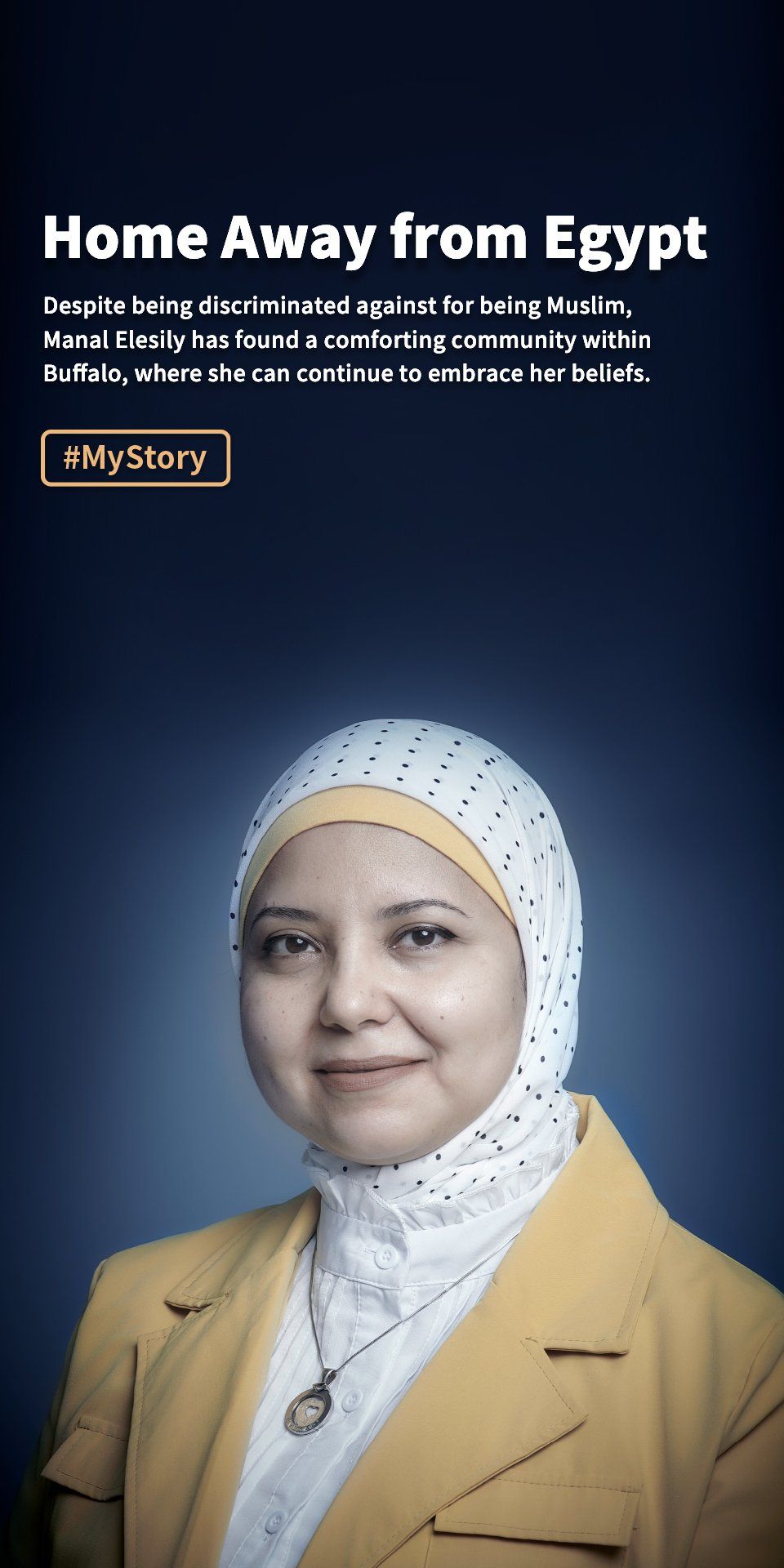 Portrait of a woman in a light headscarf and tan coat beside the title “Home Away from Egypt”