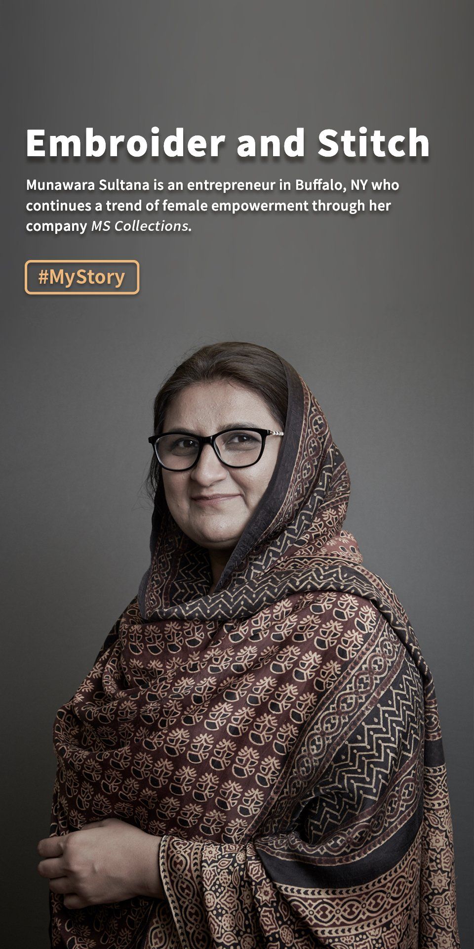 Woman in patterned shawl and glasses beside the title “Embroider and Stitch” on a dark background