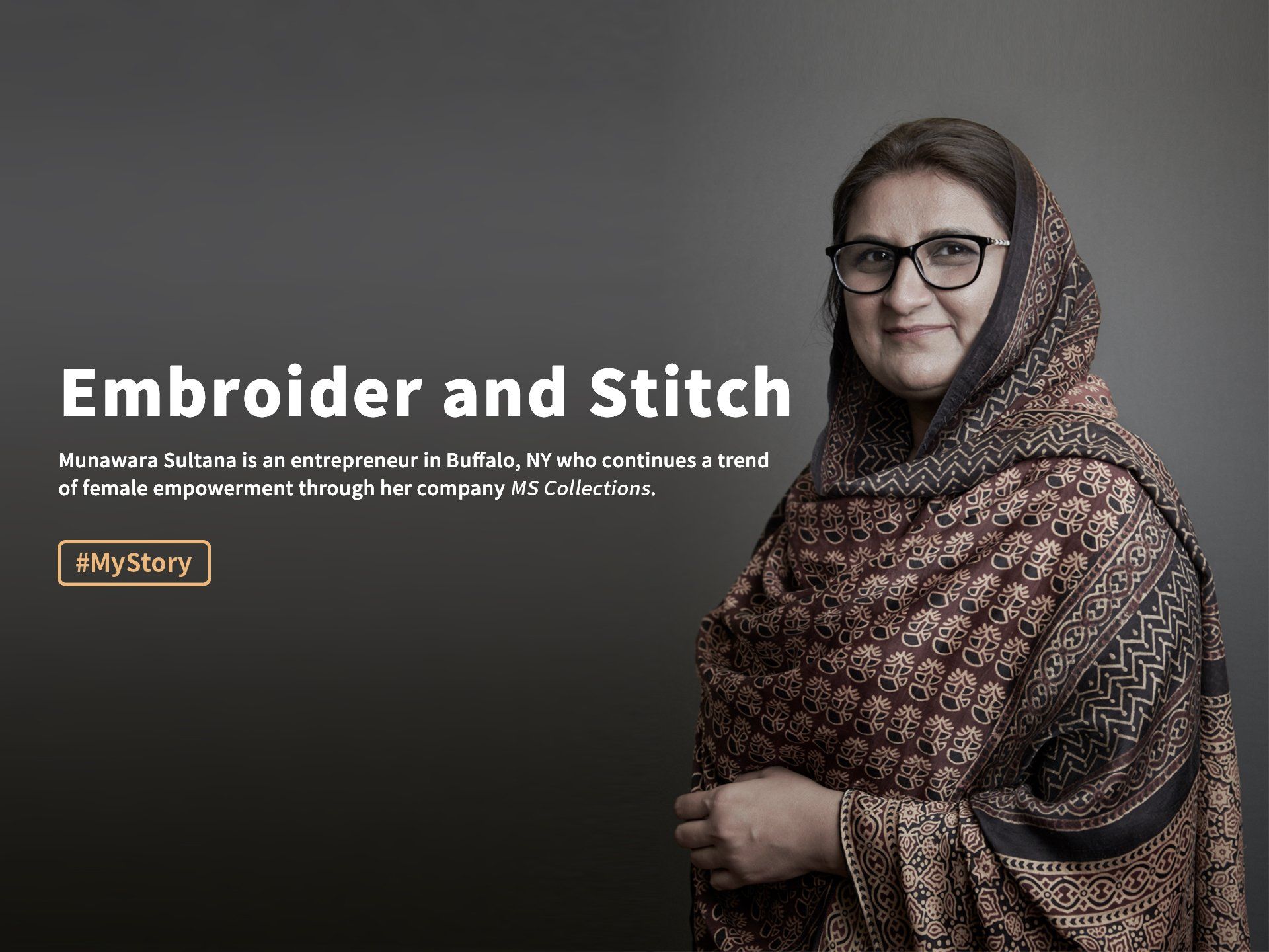 Embroidered woman in patterned headscarf beside “Embroider and Stitch” title on dark background