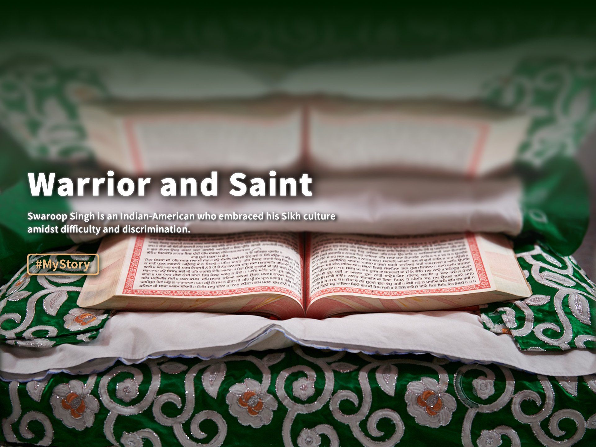 Open book on green patterned cloth with “Warrior and Saint” title text