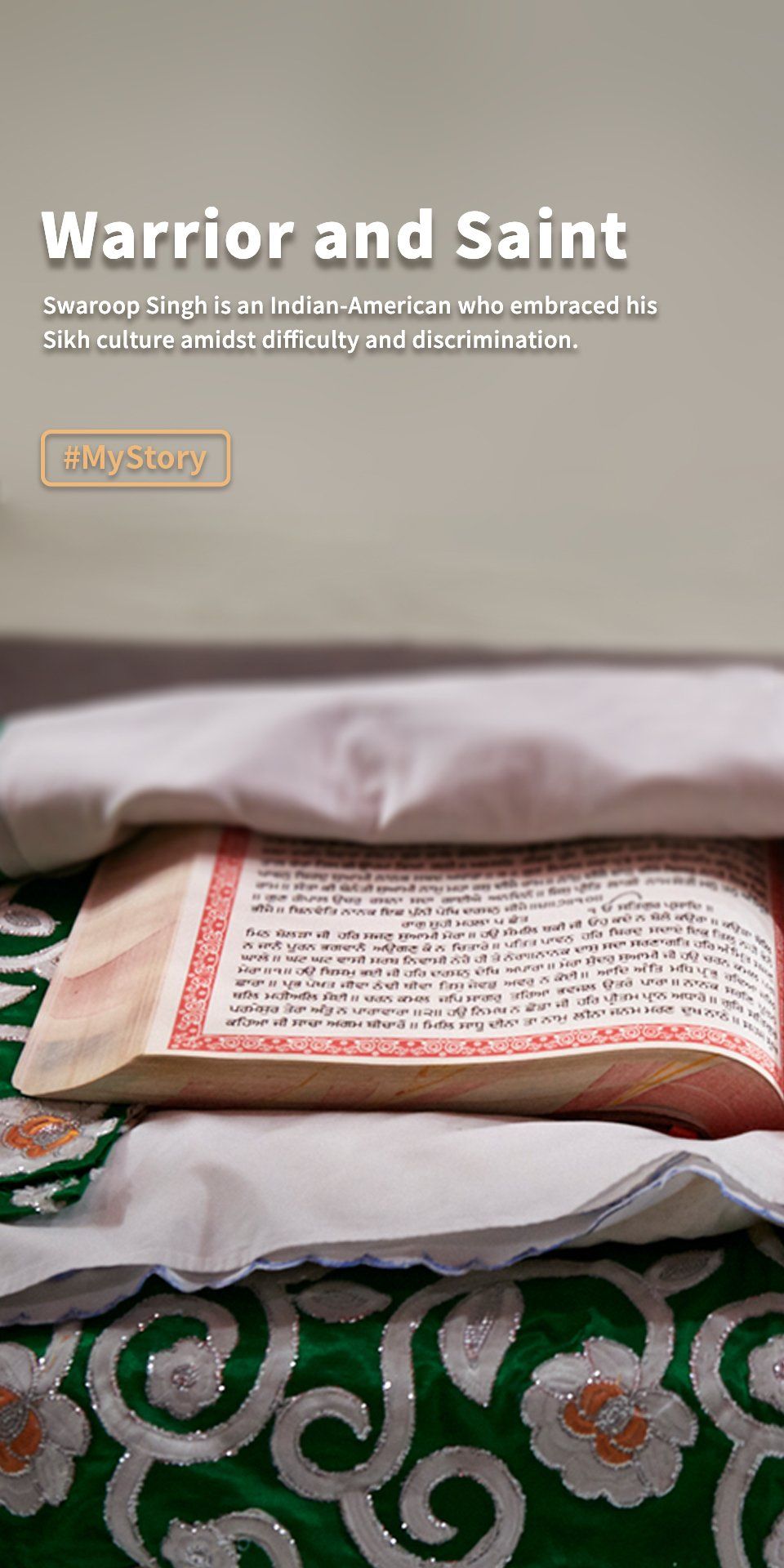 Open Bible on patterned cloth with title text “Warrior and Saint” over a beige background