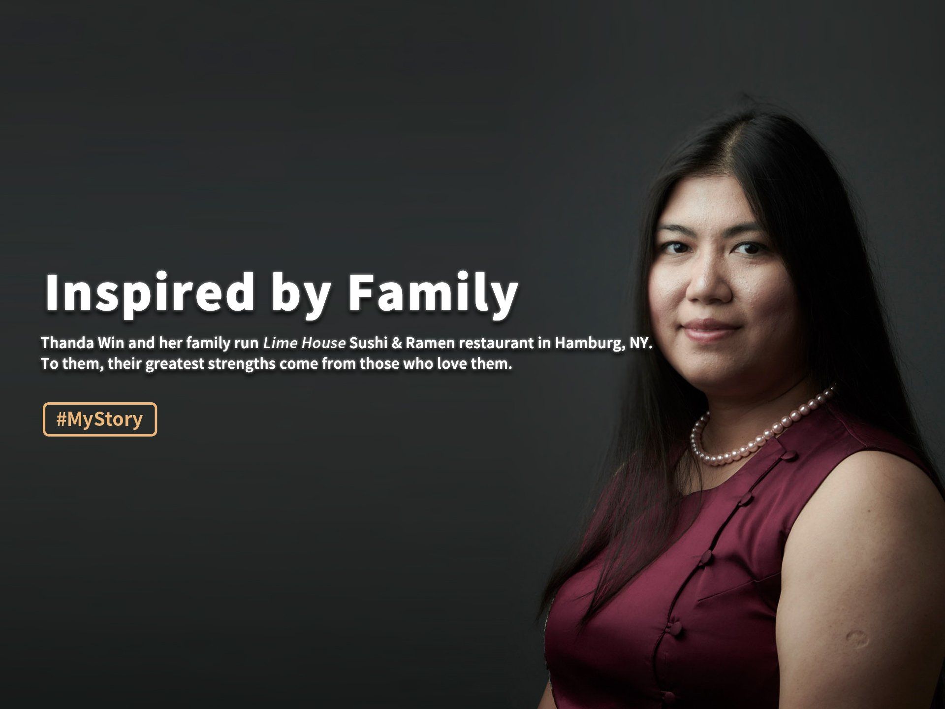 “Inspired by Family” banner with a woman in a burgundy top against a dark background.