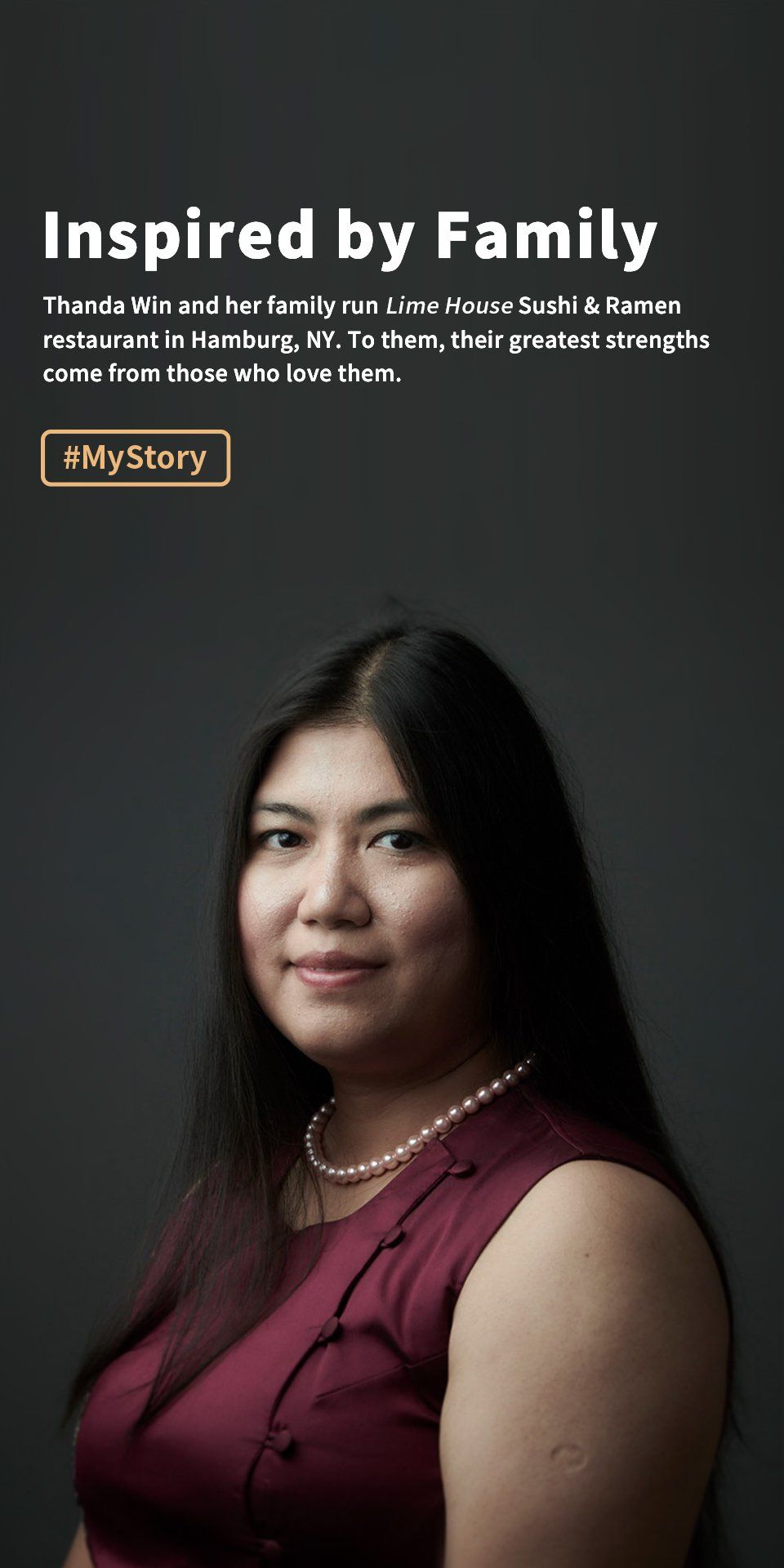 Portrait of a woman in a maroon dress beside the text “Inspired by Family” on a dark background