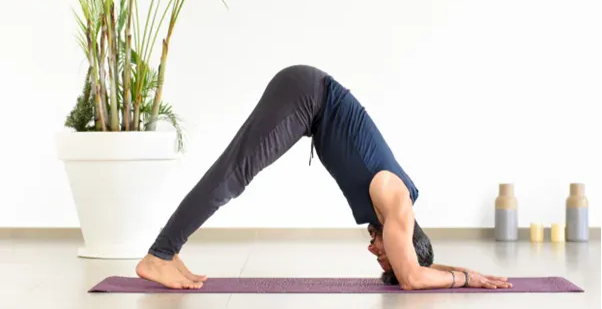 Man practicing Dolphin pose on a yoga mat to build upper body strength and core stability at Uptown Yoga Dallas.