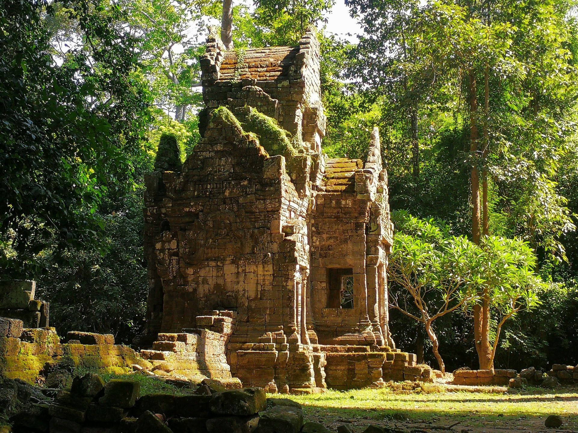 Historic stone temple ruins partially reclaimed by the jungle in Siem Reap, Cambodia, during a wellness retreat.