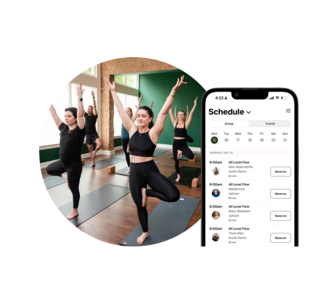 A diverse community of students balancing in Tree Pose alongside the Uptown Yoga mobile scheduling app for Dallas and The Colony.