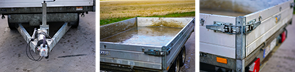 Nahaufnahmen eines Anhängers, die Details der Anhängerkupplung, der Ladefläche und der Seitenverkleidung zeigen.