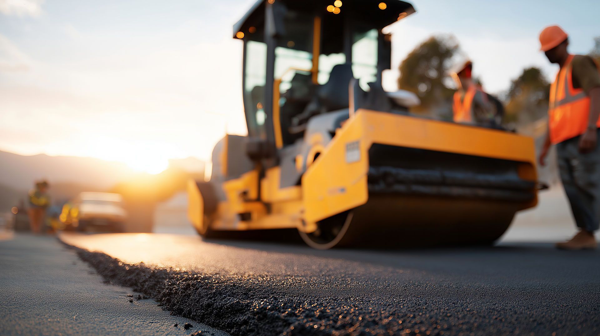 Industrial steamroller finishing a parking lot as part of a business asphalt paving service. Industrial steamroller finishing a parking lot as part of a business asphalt paving service.