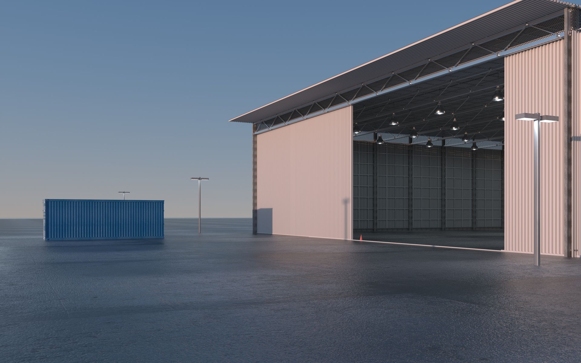 An aerial view of a warehouse with trucks parked in a parking lot.