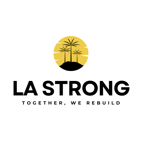LA Strong logo with gold sun, black palm trees, and text 