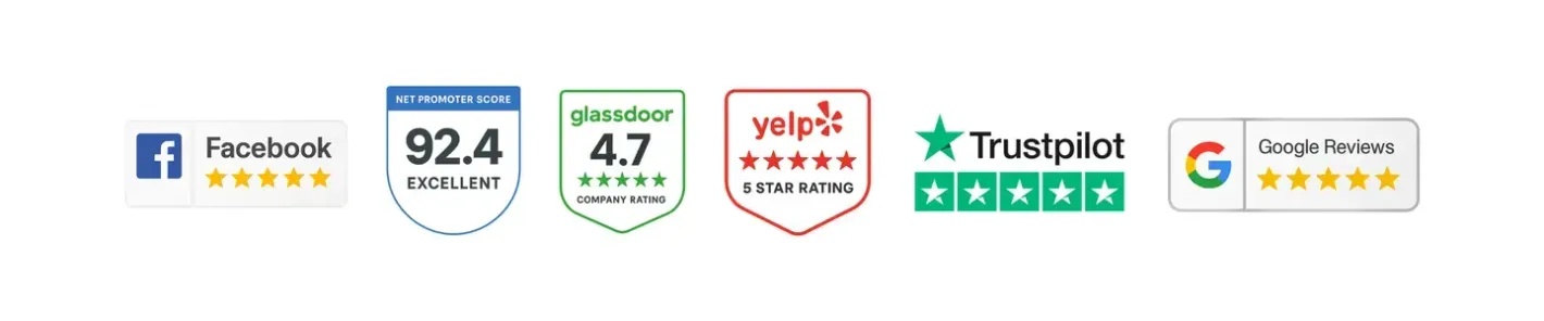 Logos for Facebook, Trustpilot, and Google, plus third-party review ratings.