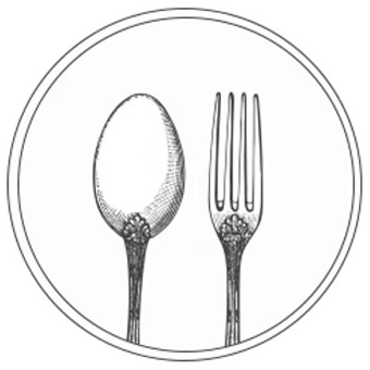 A black-and-white line art illustration of a spoon and fork side by side, centered within a circular frame.