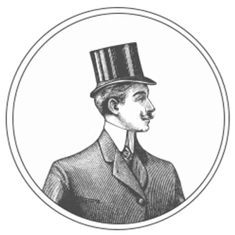 A black-and-white circular illustration of a person in profile wearing a suit, collared shirt, tie, and top hat.