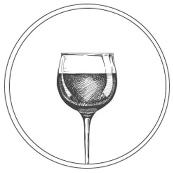 A circular icon containing a sketch of a wine glass filled with liquid.