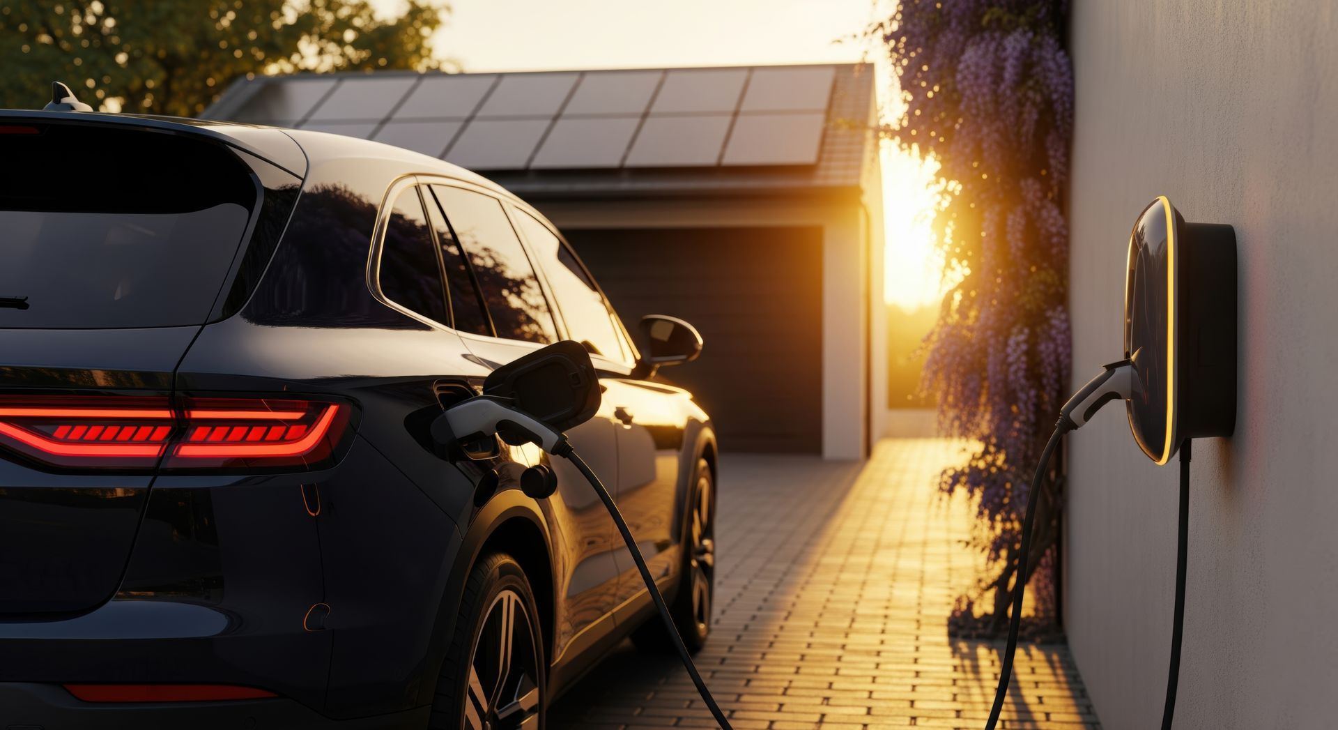 Electric car charging at home, connected to a wall-mounted charger, with solar panels on the garage roof.