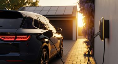 Electric car charging at home, connected to a wall-mounted charger, with solar panels on the garage roof.