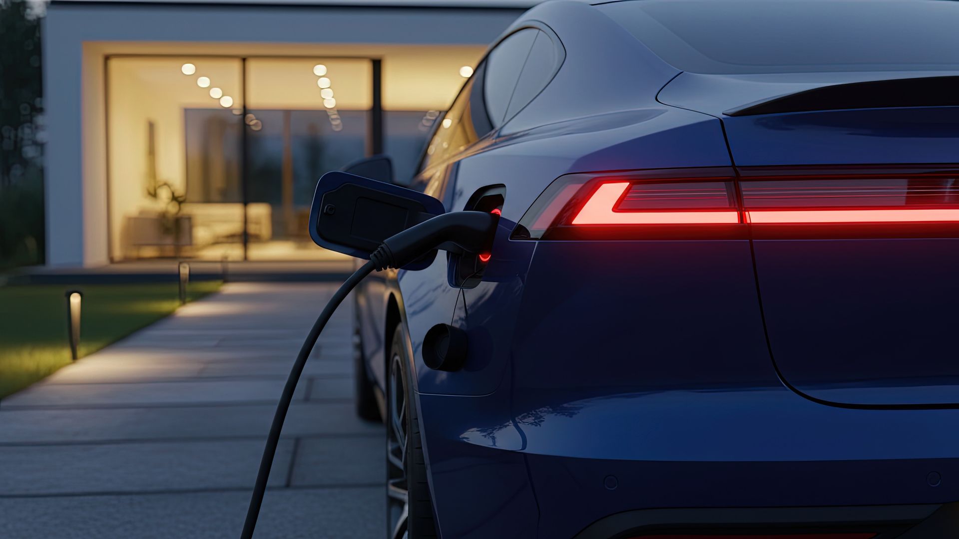 Blue electric car charging at home at dusk.