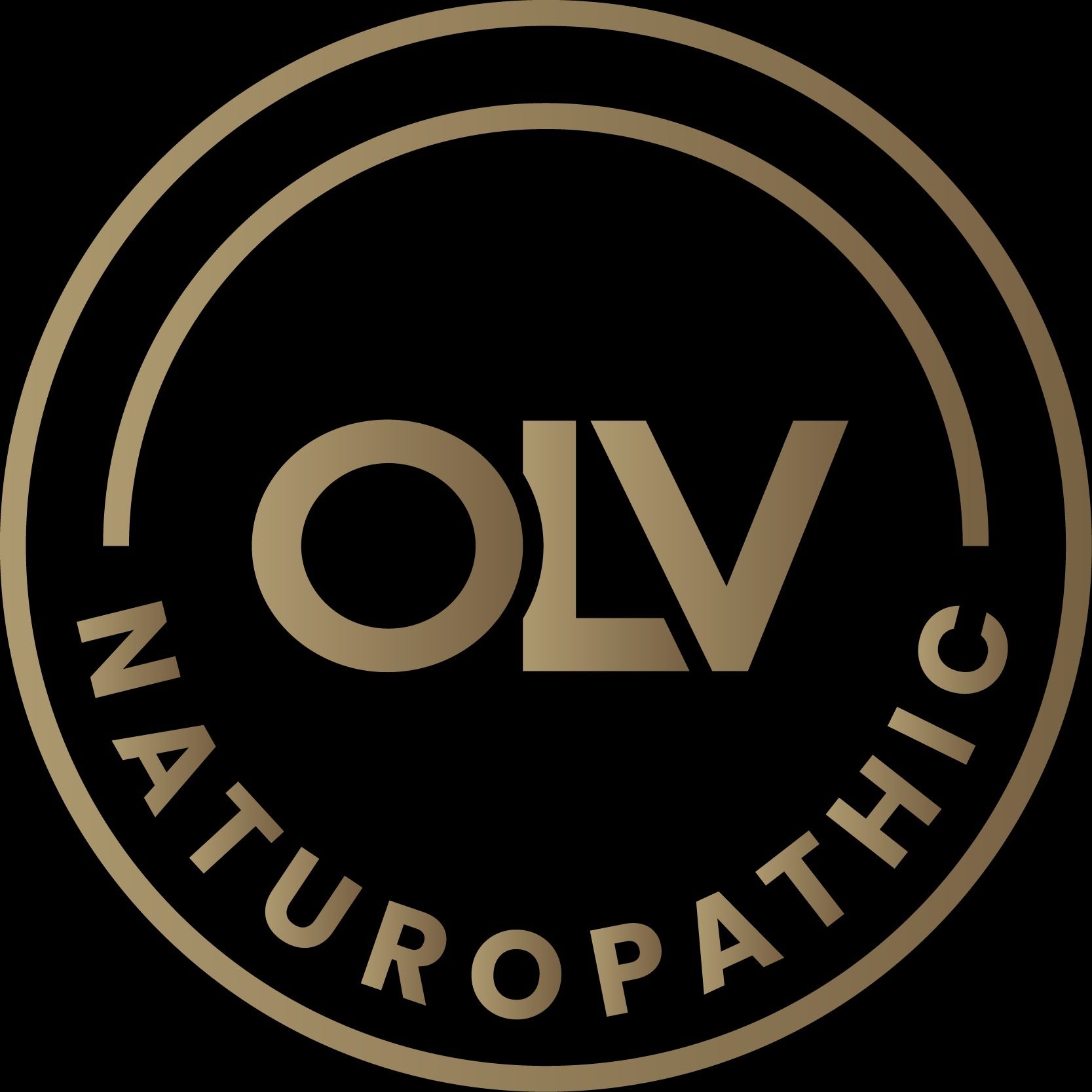 Gold OLV NaturOpathic logo on a black background, with circular border and centered text