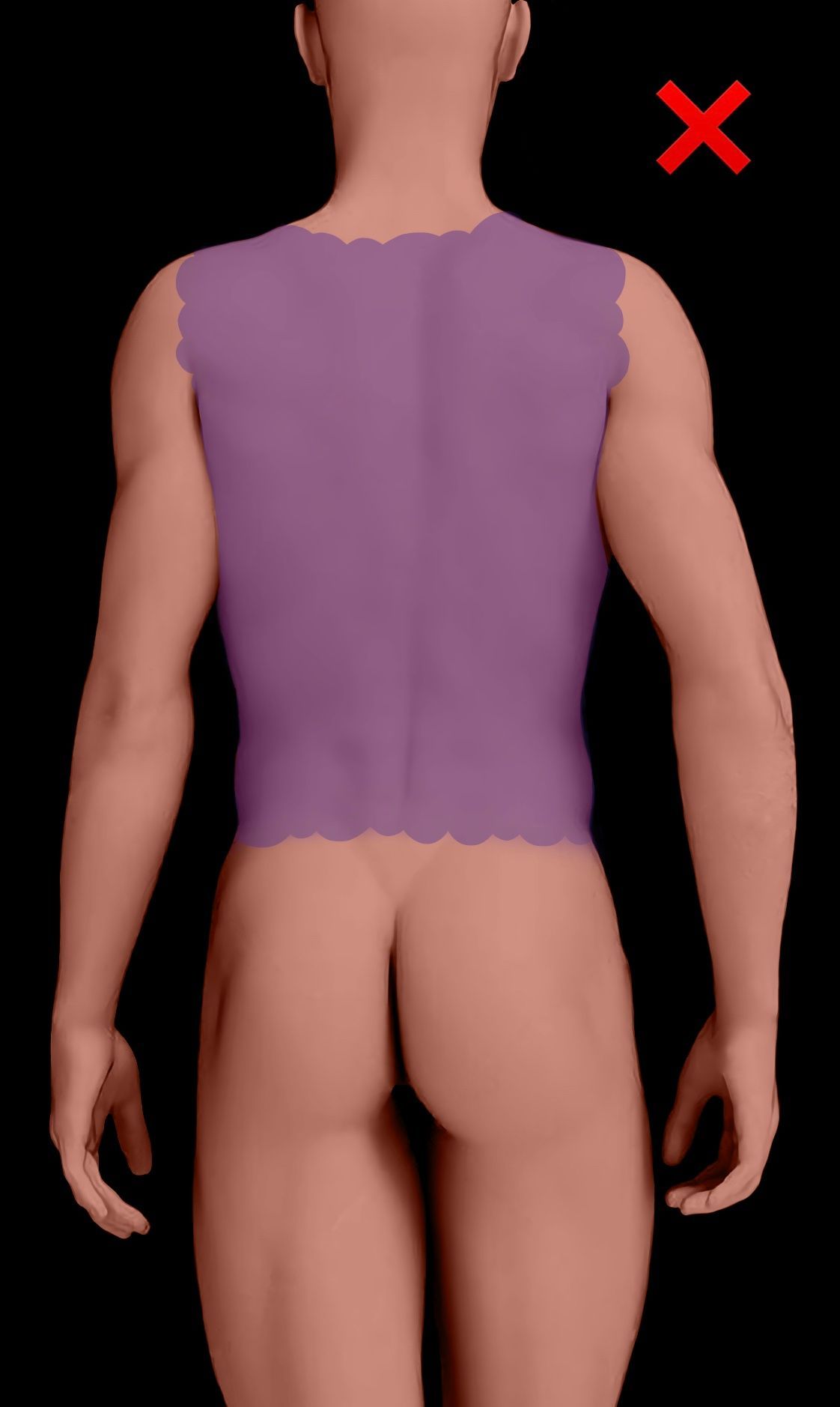 Human figure from the back wearing purple sleeveless top; a red X in the top right corner indicates the image depicts a wrong example.