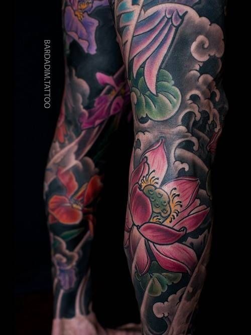 A person with a tattoo of a lotus flower on their leg.
