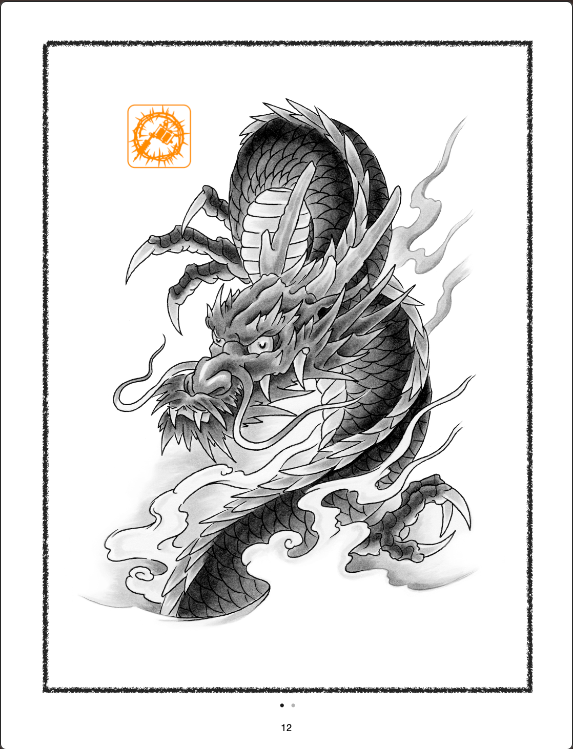 Irezumi dragon tattoo flash design with clouds and flowing movement