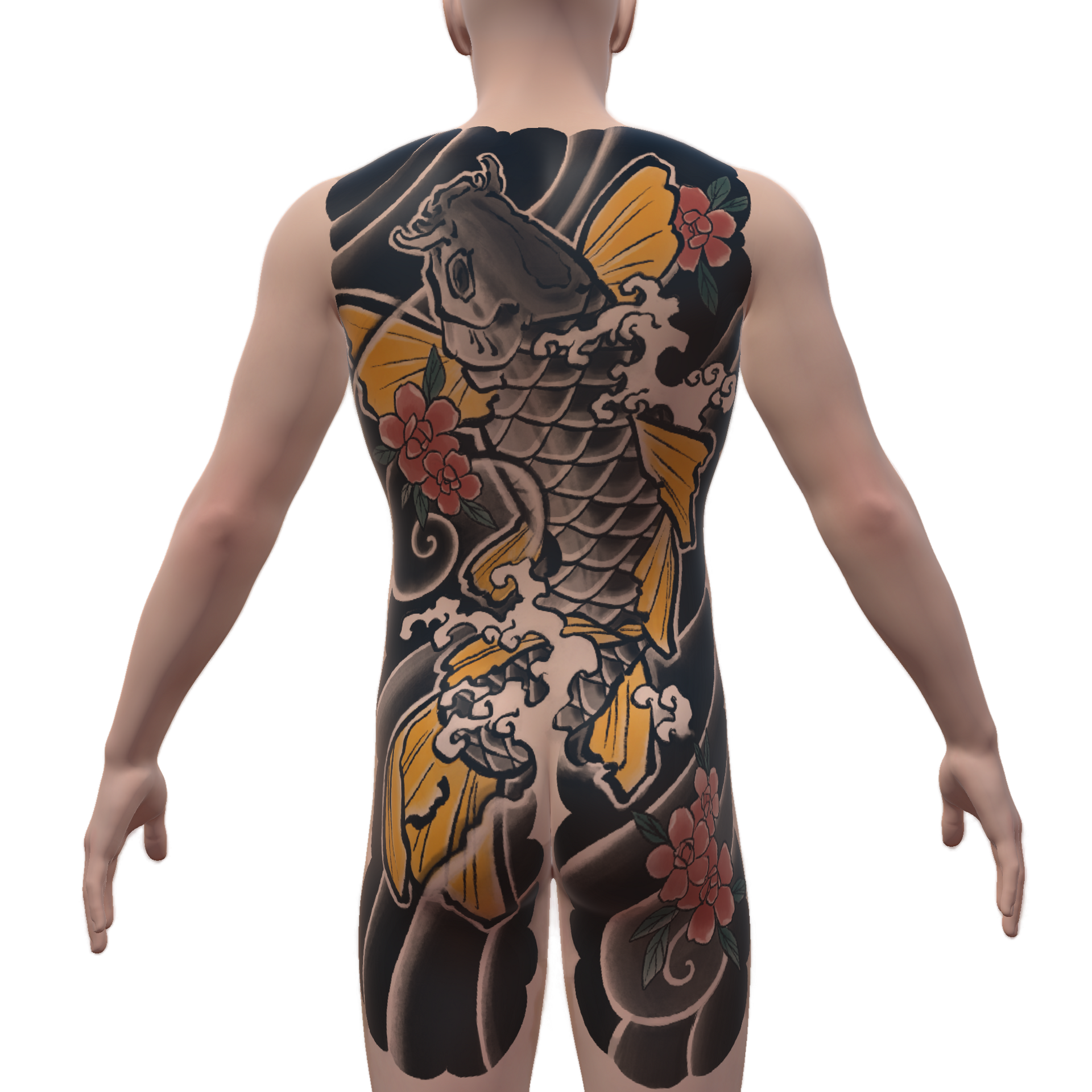 Gaku-bori. Full back tattoo with a colorful koi fish and floral tattoo design at Bardadim Tattoo.