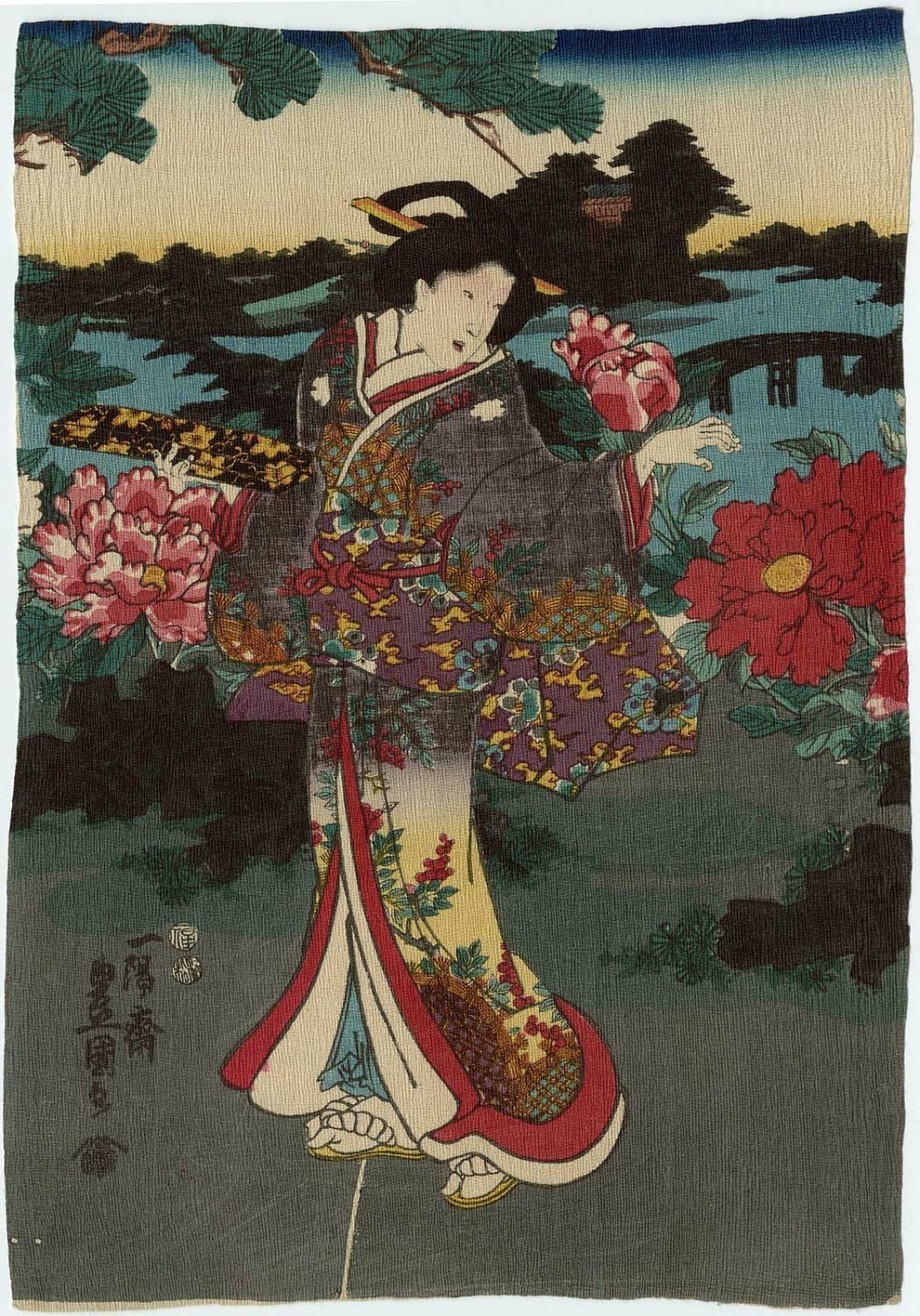 A painting of a woman in a kimono holding a bouquet of flowers.