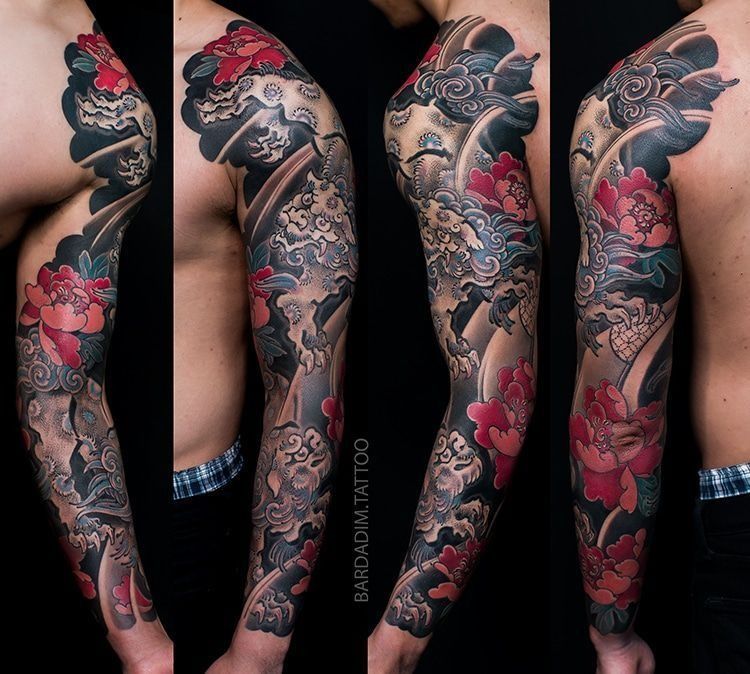 collage view of the shishi pair sleeve showing the male lion with the seven-treasure ball and open peonies.