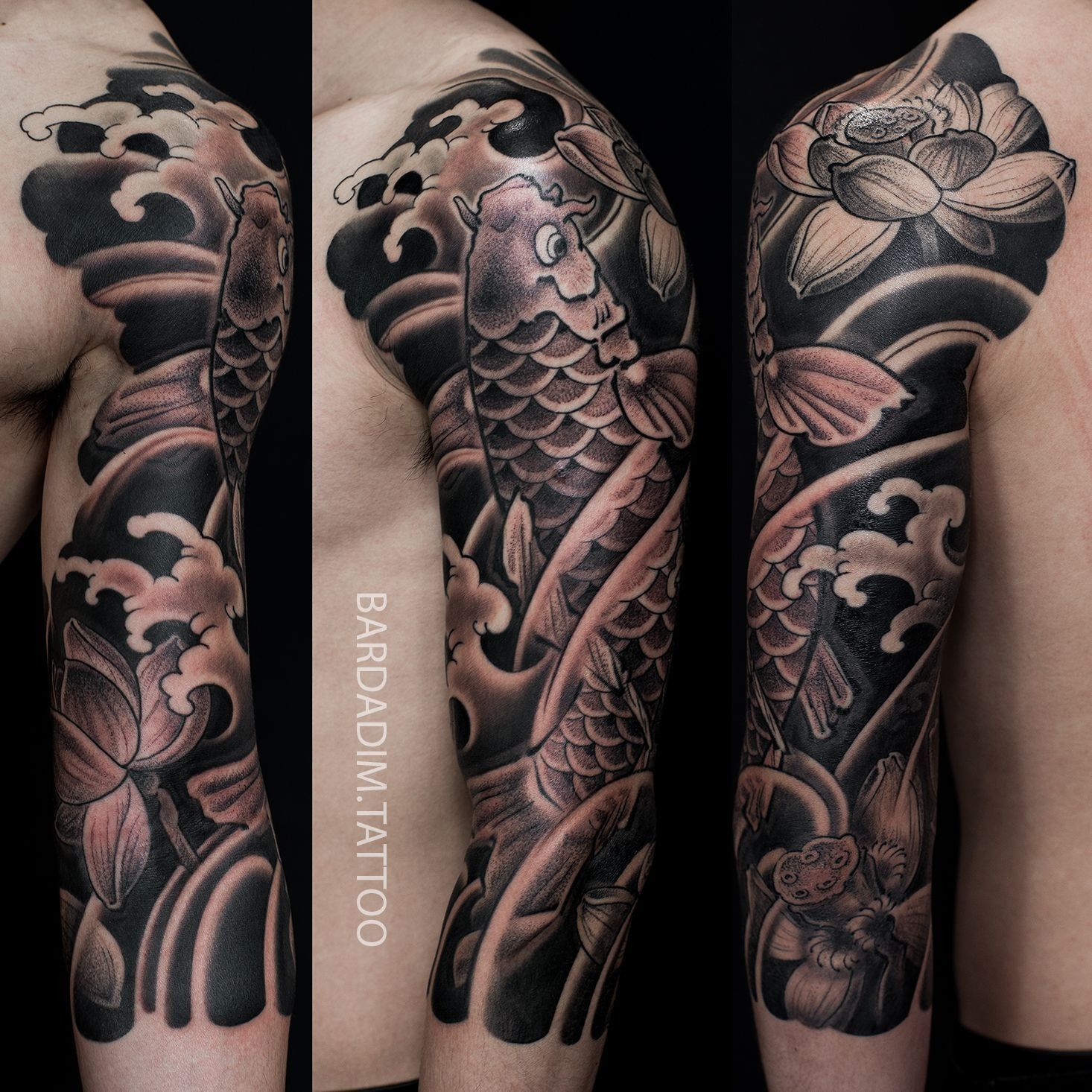 Full sleeve japanese Irezumi tattoo featuring a koi fish, lotus flowers, and water waves in black and gray.