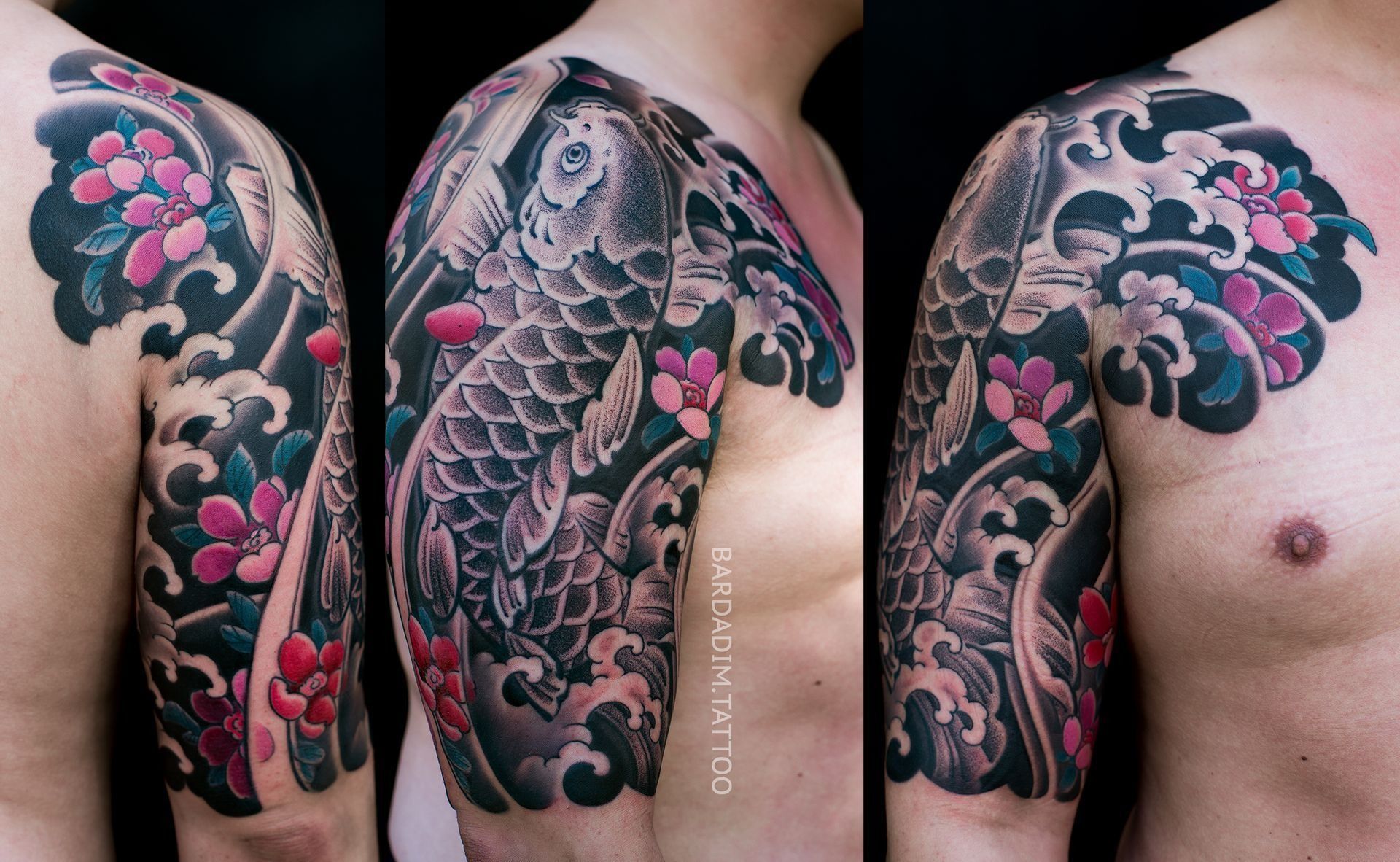 Japanese Irezumi Tattoo of koi fish, waves, and cherry blossoms on a person's arm. Black, blue, red, and pink colors. NYC