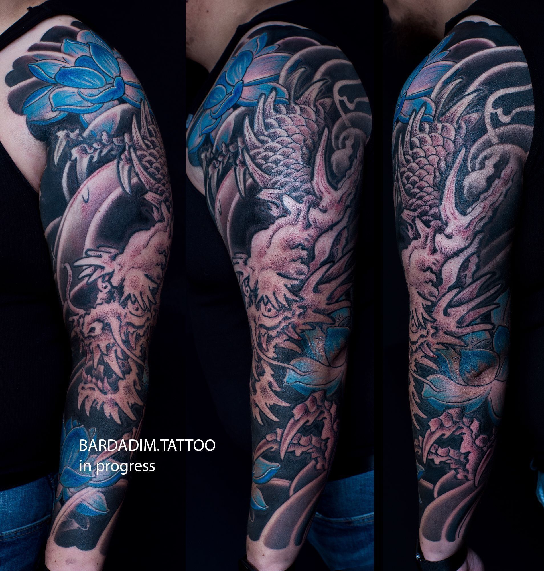 Japanese-style Irezumi sleeve tattoo in progress, featuring a dragon, water, lotus flowers, and blue and black ink.