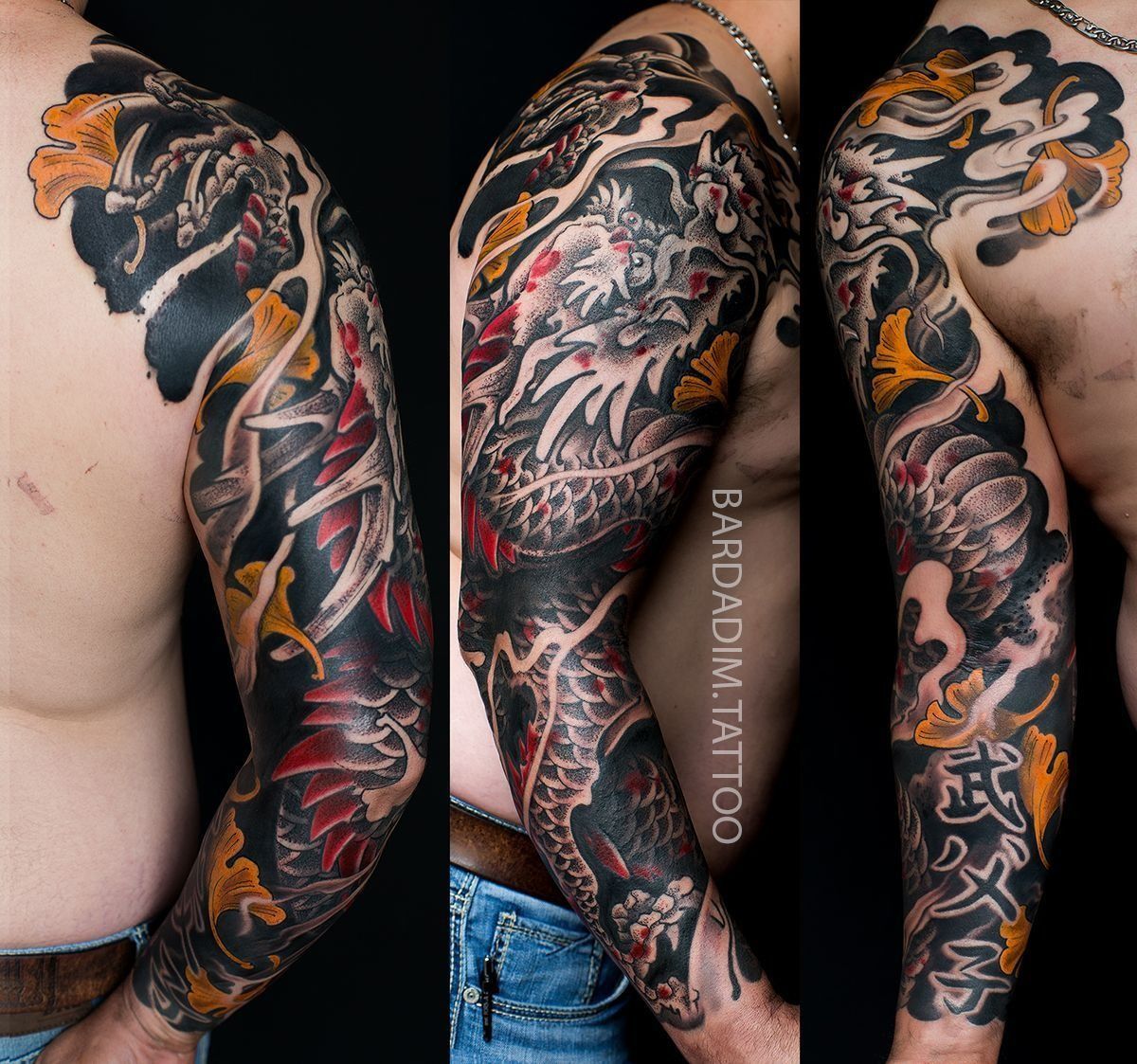 Japanese Irezumi Tattoo of a dragon on a person's arm, with red, yellow, and black ink. NYC