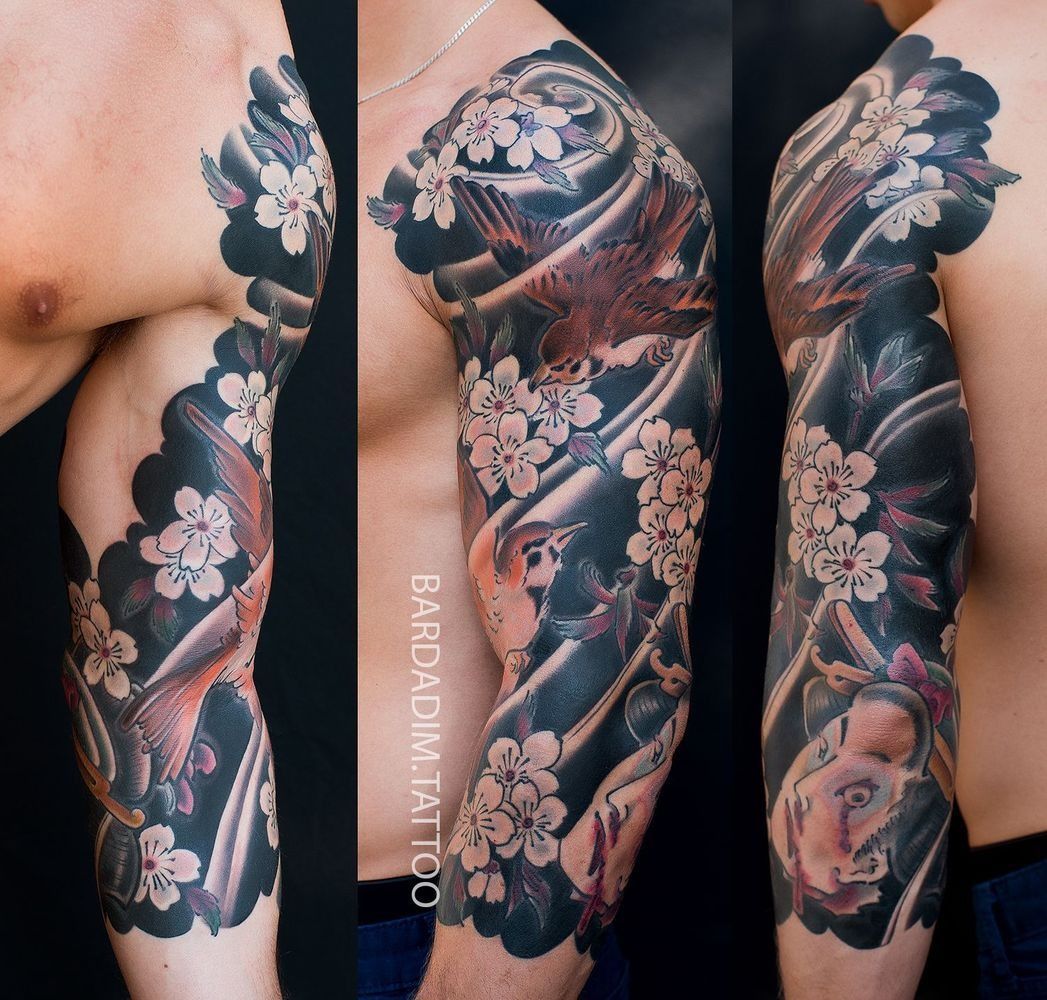 Japanese 3/4 sleeve Irezumi featuring sakura blossoms, sparrow and namakubi motif by Bardadim Tattoo Studio
