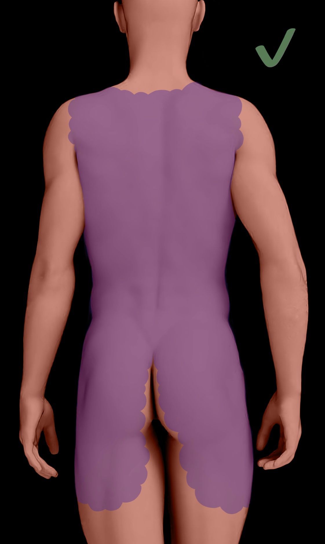 Back view of a person wearing a purple bodysuit with a scalloped neckline and a revealing back opening.