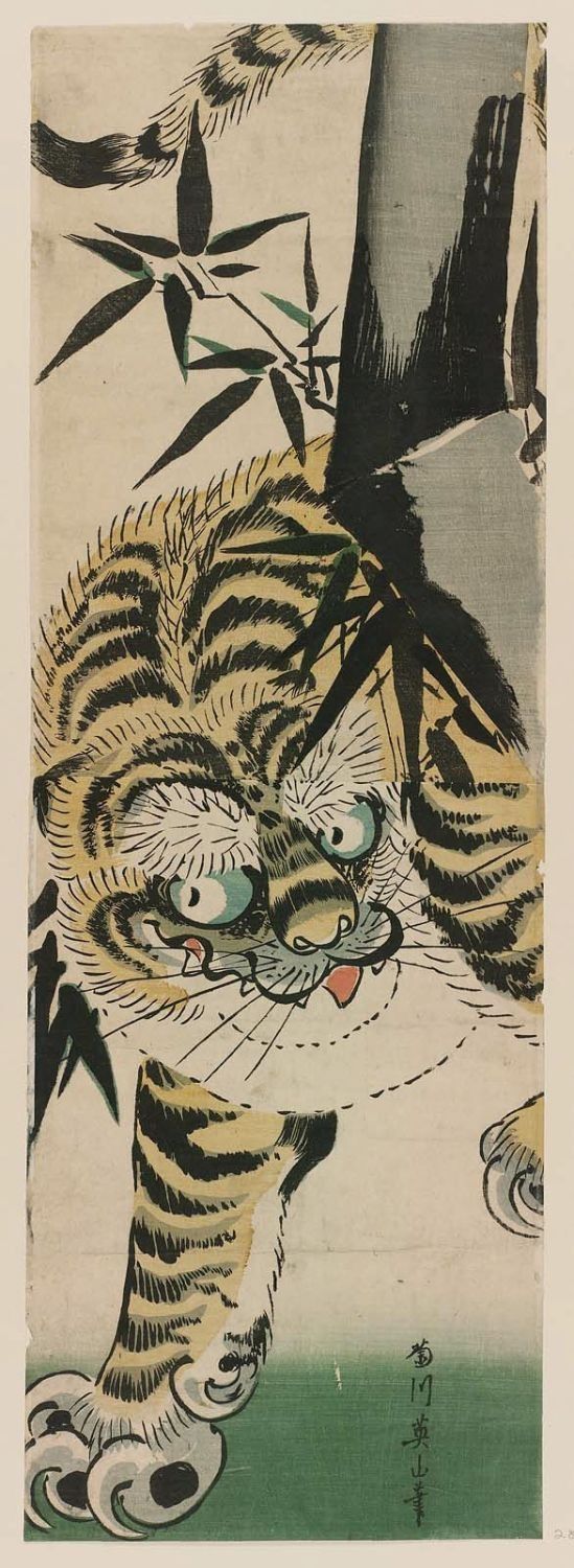 A painting of a tiger standing next to a tree.