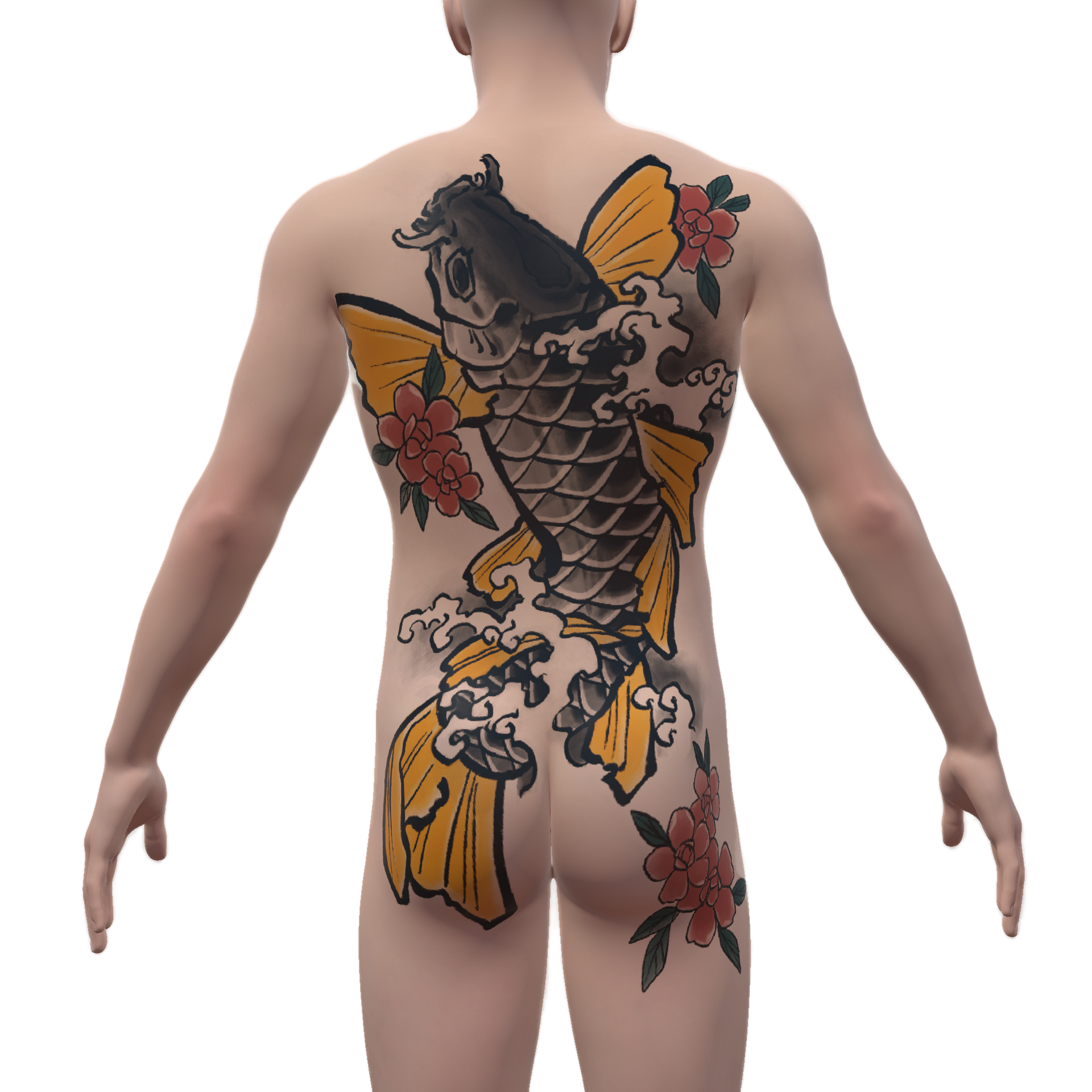 Nuki-bori. Full back tattoo with a colorful koi fish and floral tattoo design at Bardadim Tattoo.